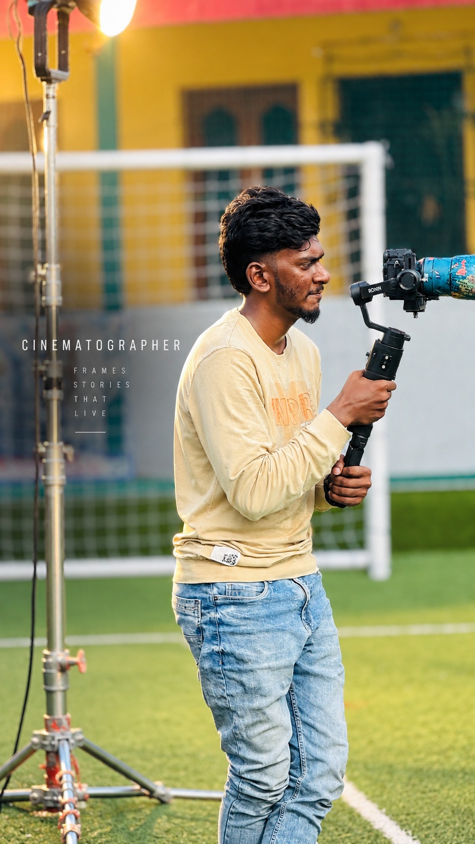 Mathew Walker, cinematographer, operating a Ronin gimbal on location