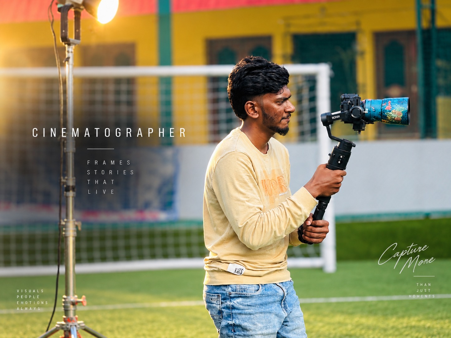 Mathew Walker operating a Ronin gimbal on a football field